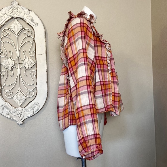 Free People | Womens Pink/Orange Plaid Ruffle Long Sleeve Smock Tie Back Top - Picture 6 of 10